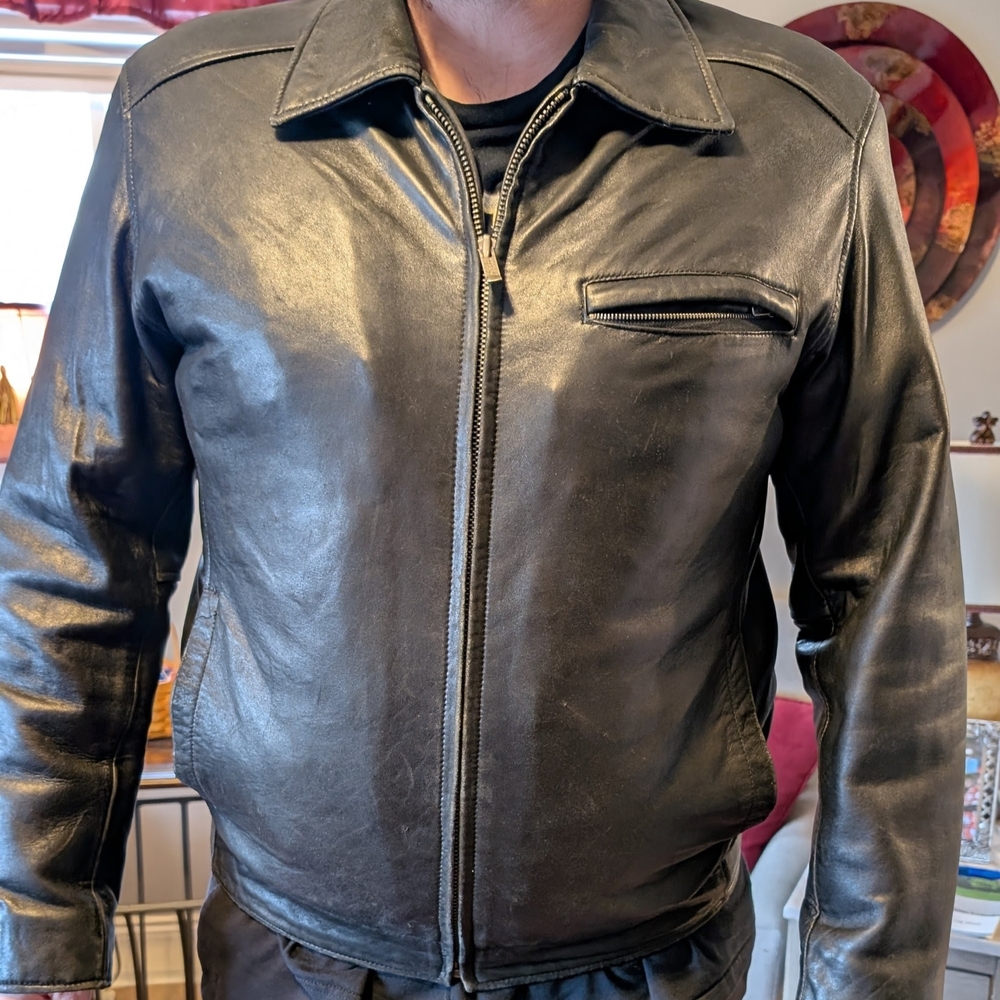 Guess Black Leather Bomber Jacket